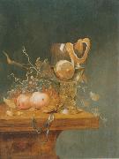 unknow artist Stilleben mit verschiedenen Fruchten, einem groben Romerglas und einer Uhr auf einer Tischkante France oil painting artist
